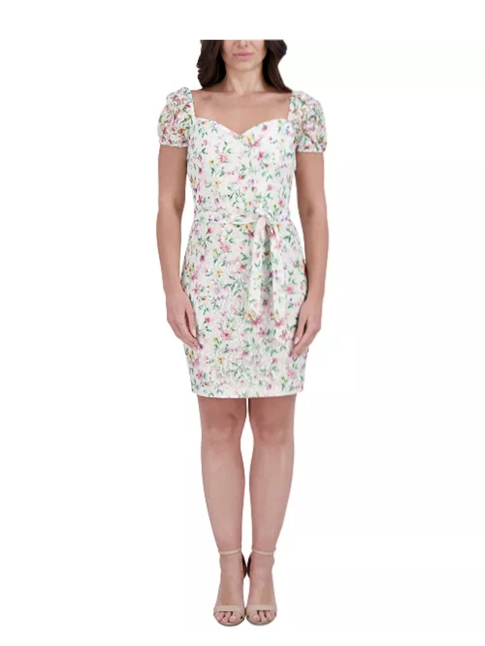 Kensie White Floral Puff-Sleeve Tie-Waist Mini Dress - Picture 1 of 5